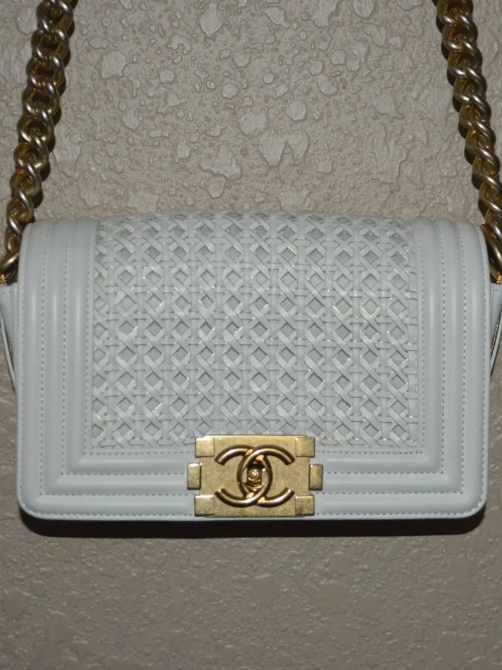 Chanel White Braided Leather Boy Bag Chain Strap Crossbody Shoulder Handbag